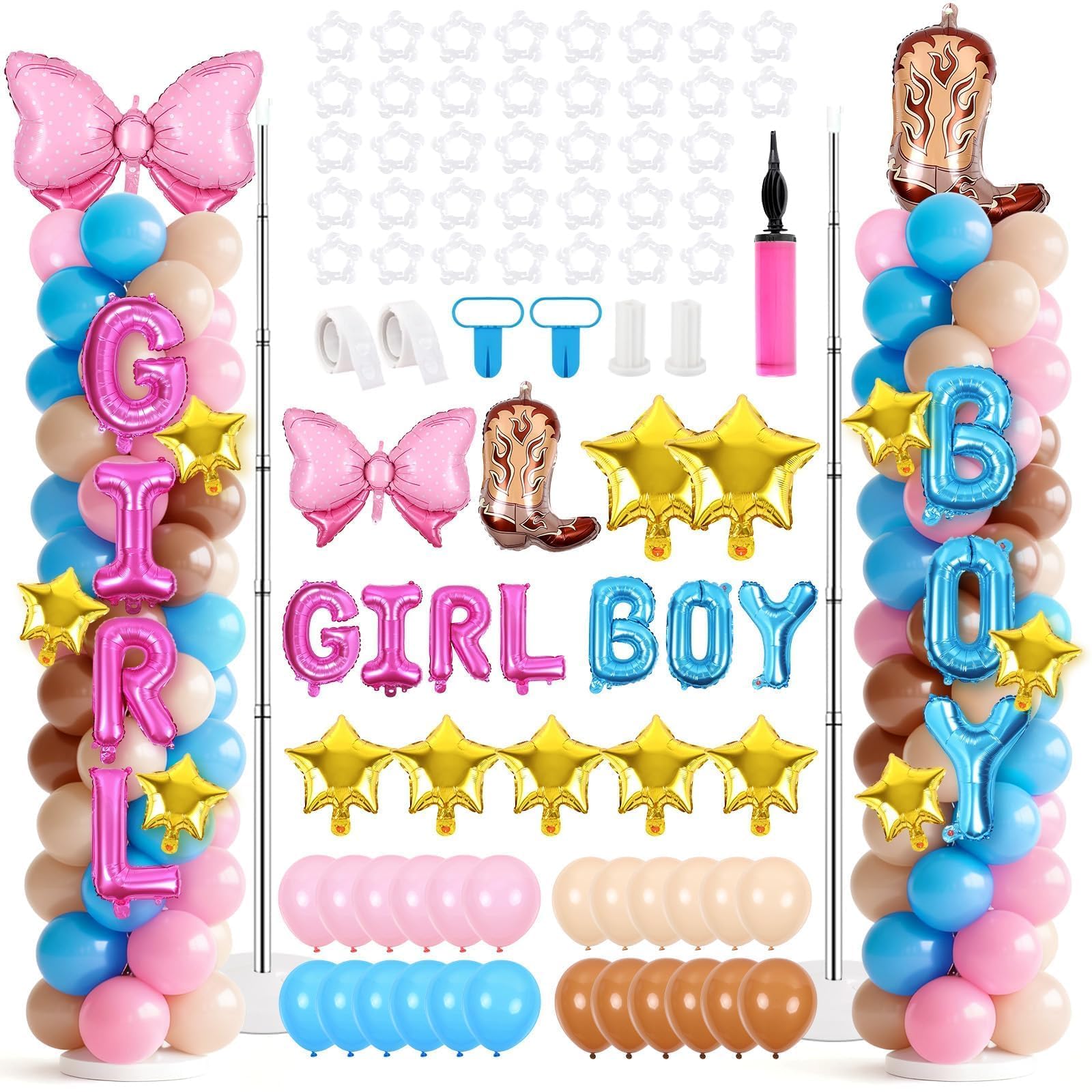 Photo 1 of 2 Sets Boots or Bows Gender Reveal Decorations Boots and Bows Balloon Column Stand Kit Pink and Blue Balloon Arch Garland Kit Western Themed Boy or Girl Gender Reveal for Baby Cowboy Party Supplies