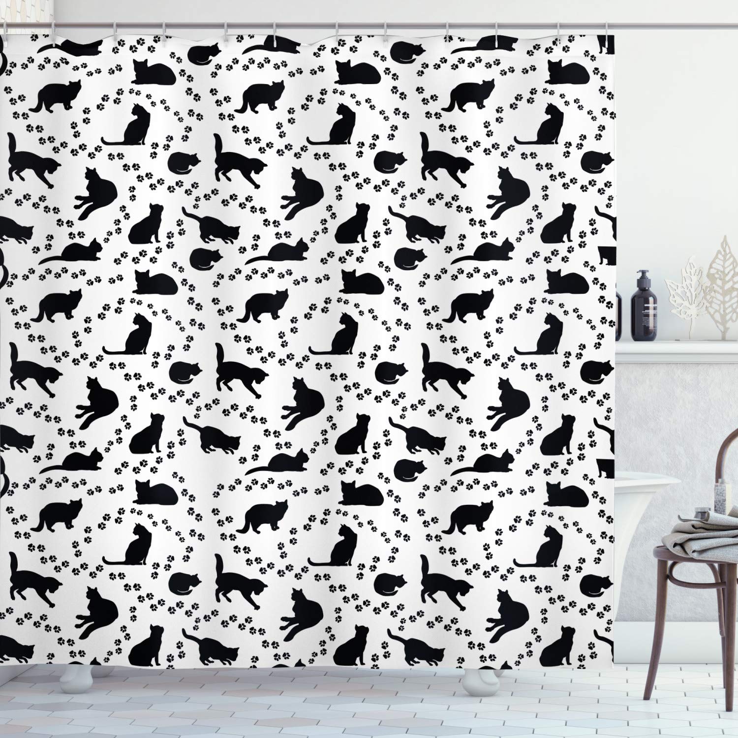 ABAKUHAUS Cat Shower Curtain, Cat Silhouette and Animal Tracks Pattern Paws Footprints Kitties Different Poses, Cloth Fabric Bathroom Decor Set with Hooks, 70 Inches, Black and White
