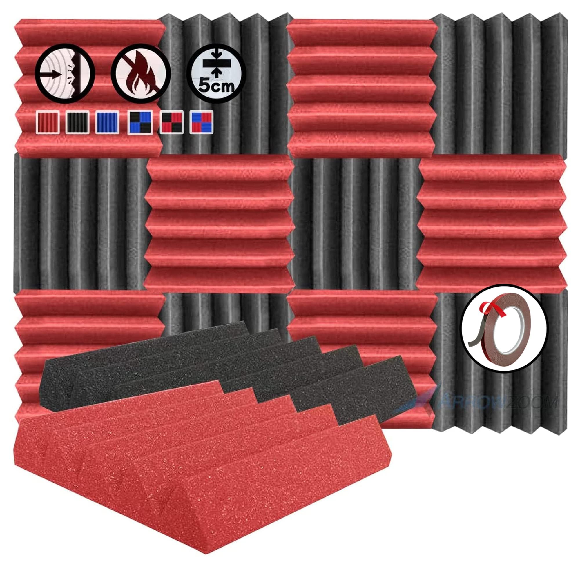 Arrowzoom 12 High Quality Acoustic Foam Tiles Wedge Sound Absorbing Treatment Panels Fire Retardant Red Black 25x25x5cm