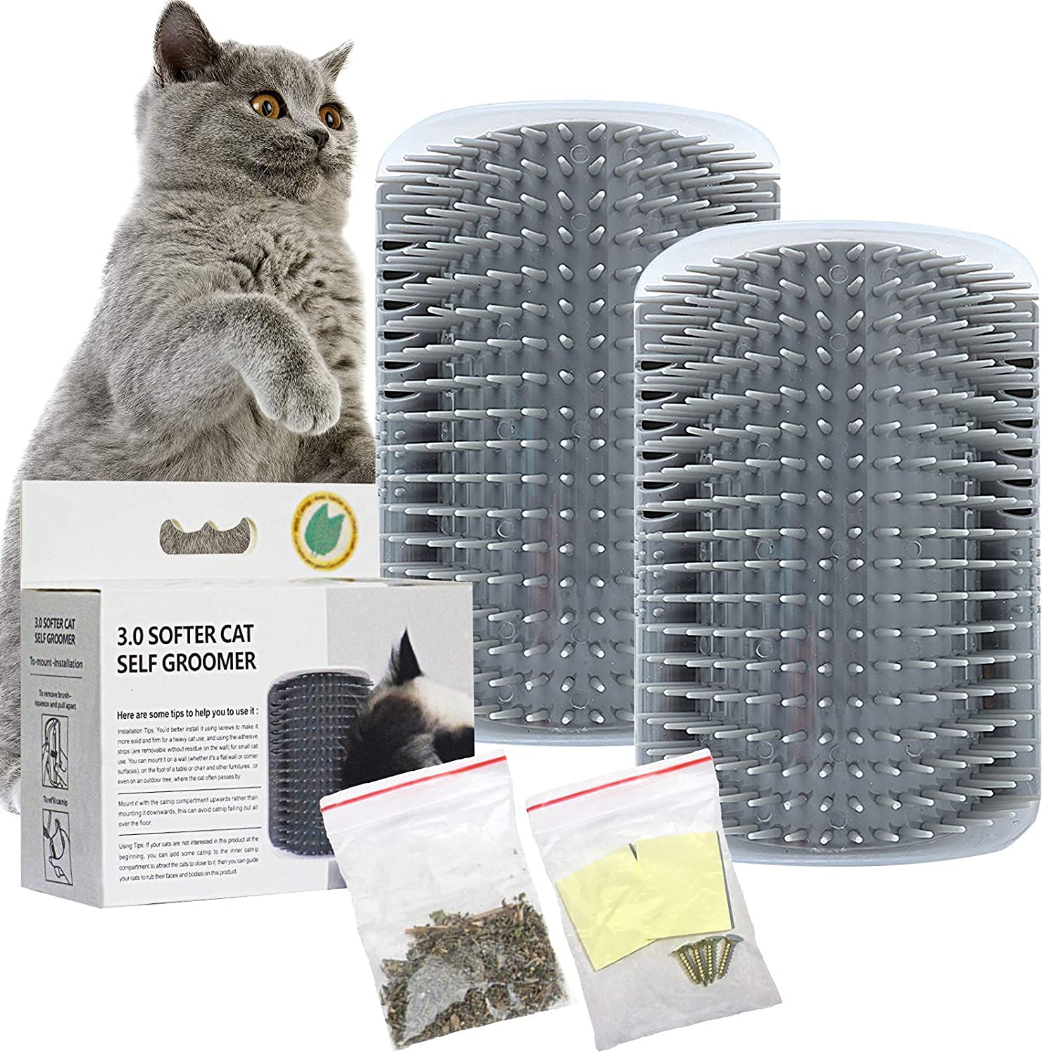 2 Pack Cat Self Groomer - Softer Cat Corner Scratcher with Catnip, Massage Comb & Face Scratcher for Kittens with Long & Short Fur