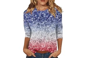 AMOBER Womens Tops 3/4 Sleeve Crewneck Cute Shirts Casual Print Trendy Tops Three Guarter Length T Shirt Summer Pullover