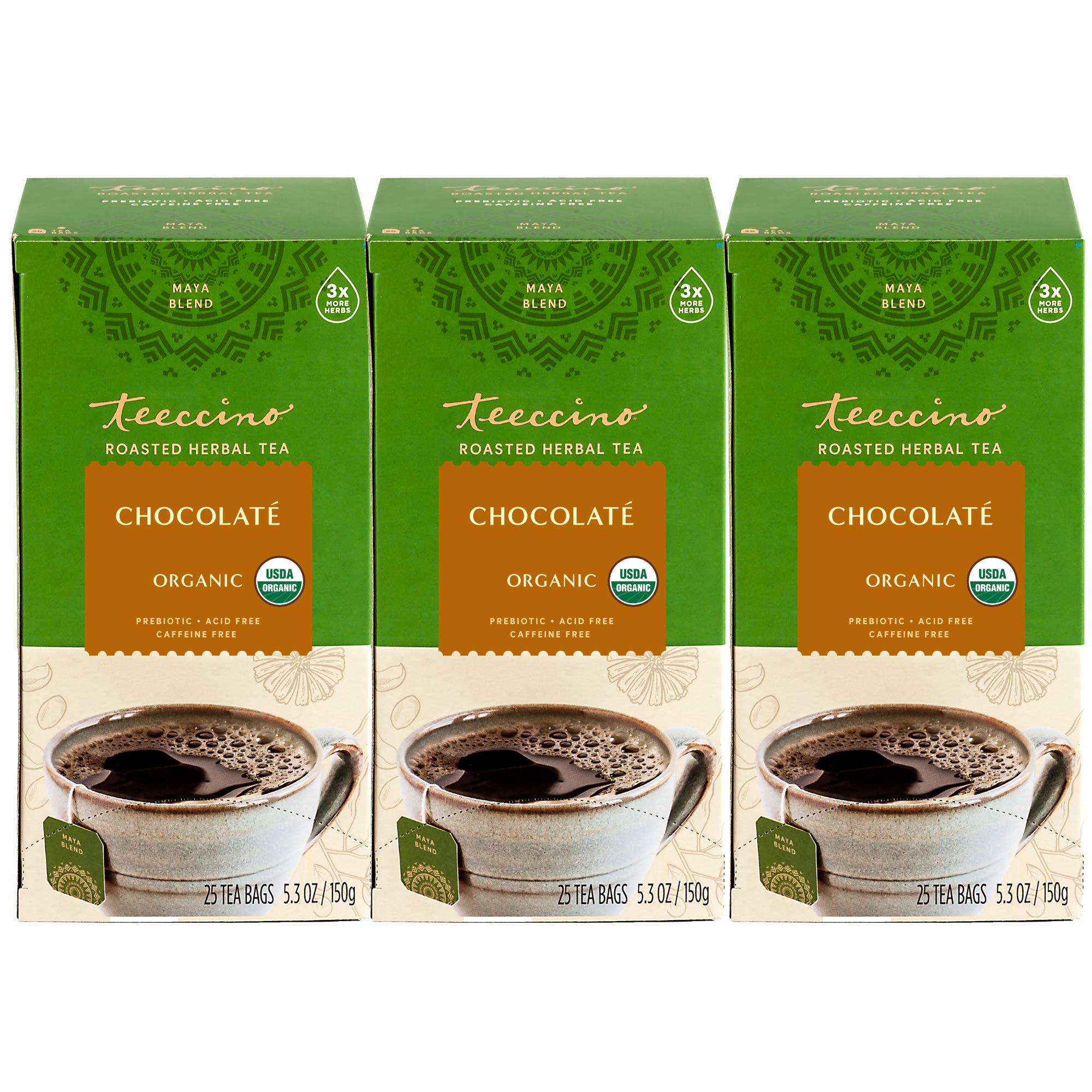 TeeccinoChocolaté Herbal Tea - Rich & Roasted Herbal Tea That’s Caffeine Free & Prebiotic for Natural Energy, 25 Tea Bags (Pack of 3)