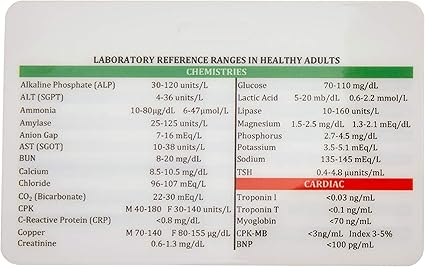 Amazon Com Tarjeta De Identificacion De Plastico De Valores De Laboratorio Horizontal Referencia Clinica Para Enfermera Resultados Comunes De Laboratorios De Adultos Clinicas De Enfermeria O Rn Teslin Ecologico Brillante De Alta Calidad