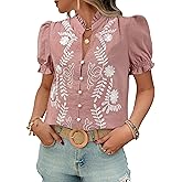 Women's Summer Tops 2026 Casual Ruffle V Neck Puff Short Sleeve Button Down Shirts Embroidered Blouses