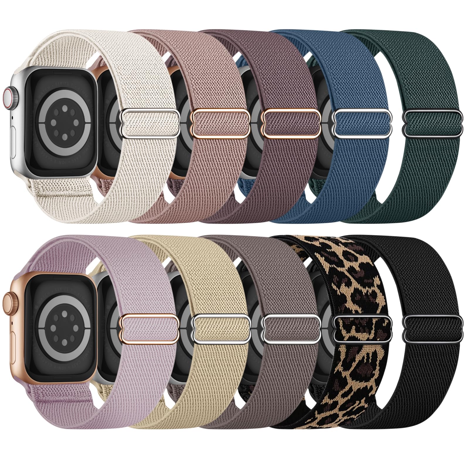 Photo 1 of 10 Pack Stretchy Bands Compatible with Apple Watch Band 40mm 38mm 41mm 42mm 44mm 45mm 46mm 49mm Women Men, Nylon Solo Loop Elastic Sport Straps for iWatch Series 10 9 8 7 6 5 4 3 SE Ultra