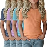 LessonZoo 4 Pack Girls Short Sleeve Tops Ribbed Cotton Lettuce Trim T Shirts Crew Neck Cute Basic Tees for Kids Teen 5-14Y
