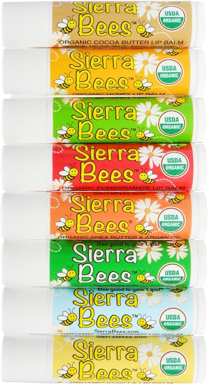 Organic Lip Balm, Variety 8 Pack by Sierra Bees, Cocoa Butter, Honey, Mint Burst, Pomegranate, Shea Butter & Argan Oil