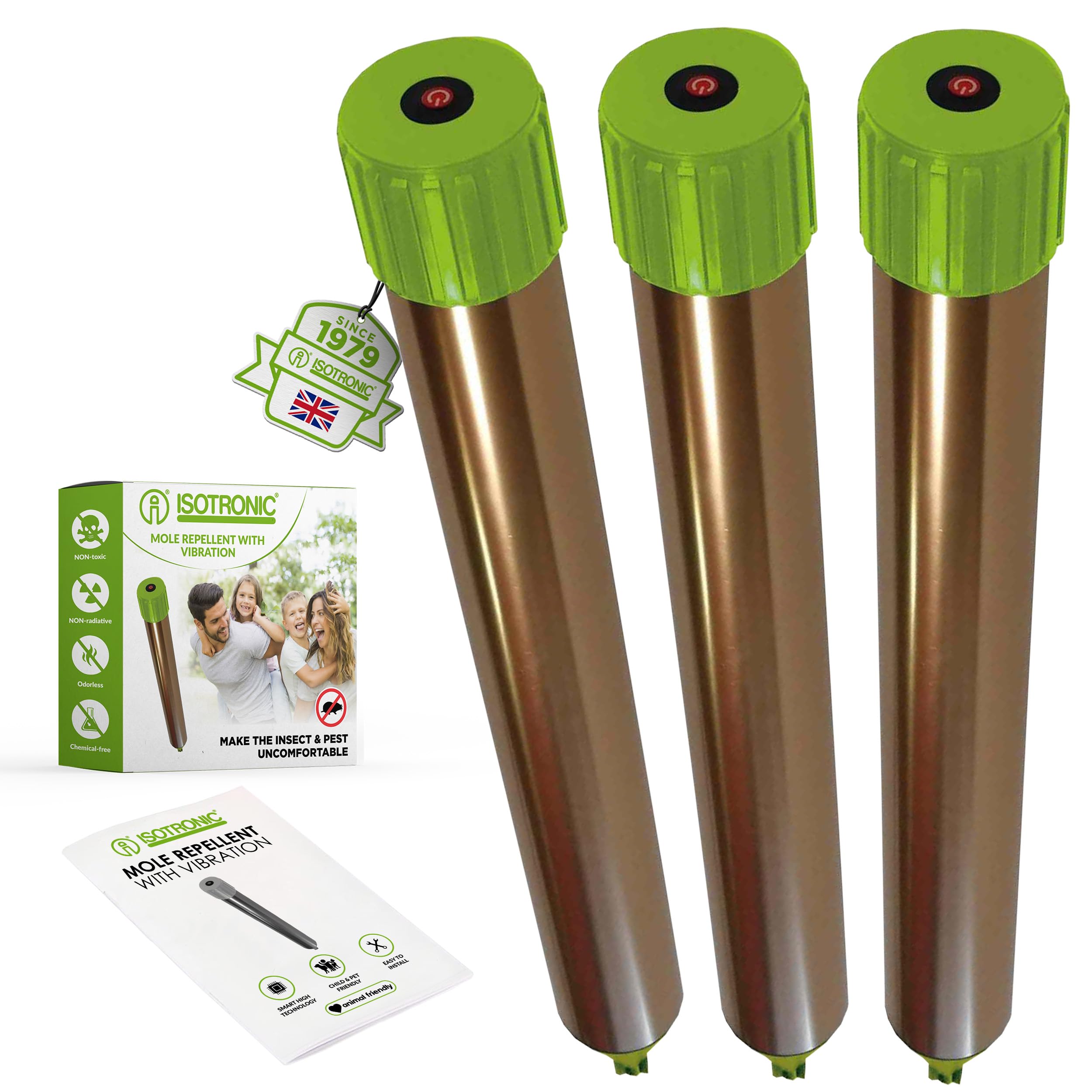 ISOTRONIC® Mole Scarer, Effective Vibrasonic Deterrent against Mole, Mouse, Rat, Ant, Vole, Snake - High Frequency Outdoor Repeller, 3 pieces