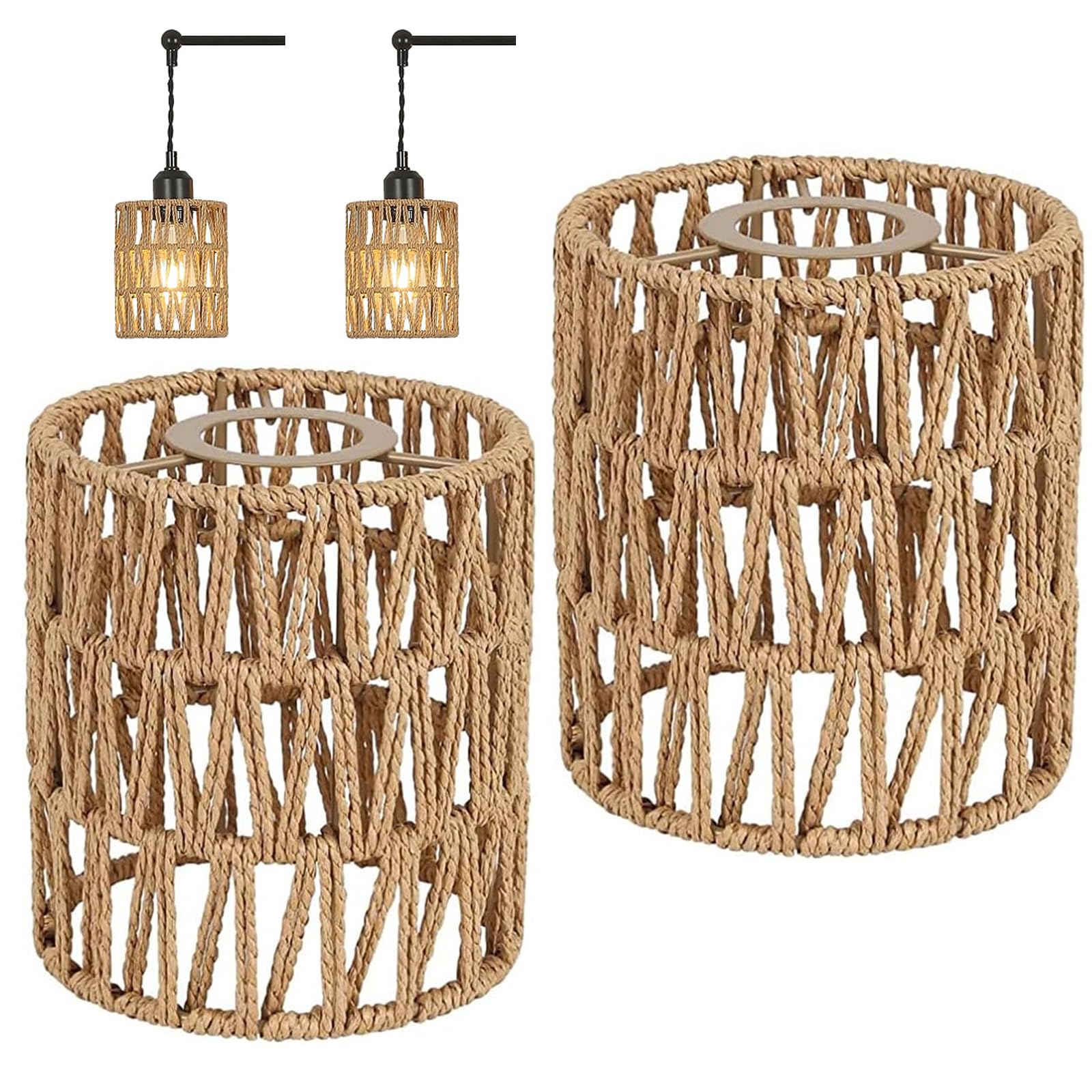 2 Pieces Rattan Lampshade, Boho Chandelier Chandelier, Hanging Braided Lampshade for Table Lamps, Floor Lamps and Pendant Chandeliers, Decorative Boho Rattan Lampshade
