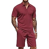 COOFANDY Men's Waffle Knit Polo Shirt and Shorts Set 2 Pieces Outfits Summer Suit Casual Tracksuit with Pockets