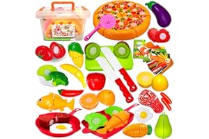 FUNERICA Play Kitchen Cutting Food Toys for Kids - Pretend Cutting Play Food Set with Play Fruits, Vegetables, Poultry and Fish, Play Kitchen Accessories, and Cutting Pizza