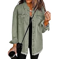 Weinexra Denim Jacket for Women Oversized Boyfriend Jean Jacket Button Up Frayed Hem Shacket Distressed Ripped Denim Jackets