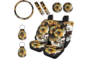Wanyint Aztec Sunflower Leopard Cow Print Car Seat Cover Full Set 11 PCS, with Steering Wheel Cover Seat Belt Pads Breathable Car Seat Protector Coasters Keychain Universal Fit Most Cars SUV Truck