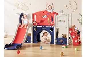 CoziBB Toddler Slide, 9 in 1 Toddler Playset New Upgrade with Slide, Drawing Board, Basketball Hoop, Telescope and Storage Space, Outdoor Indoor Playground for Toddlers (Red Blue)
