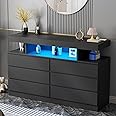 BEWISHOME Black Dresser for Bedroom with Charging Station and LED Lights, 6 Drawer Dresser Chests of Drawers, Wood Dresser for Closet, Modern Wide Dresser with Open Space, TV Stand, Black KCG02B