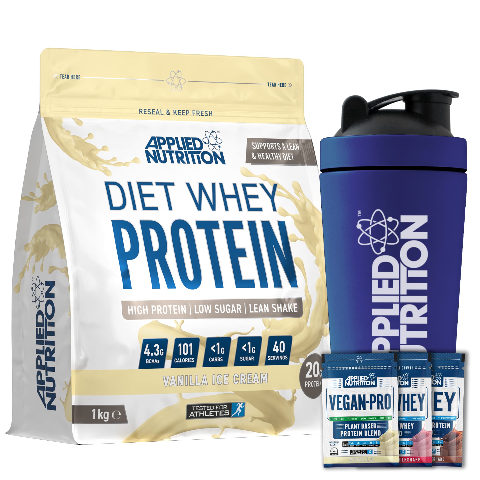 Applied Nutrition Diet Whey 1kg Bundle - Diet Whey High Protein Powder + 5 Sample Bundle + 750ml Steel Protein Shaker | Low Carb & Sugar, Weight Management Shake, 40 Servings (Vanilla)