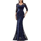 Miusol Women's Elegant V Neck Floral Lace Formal Evening Party Maxi Dress