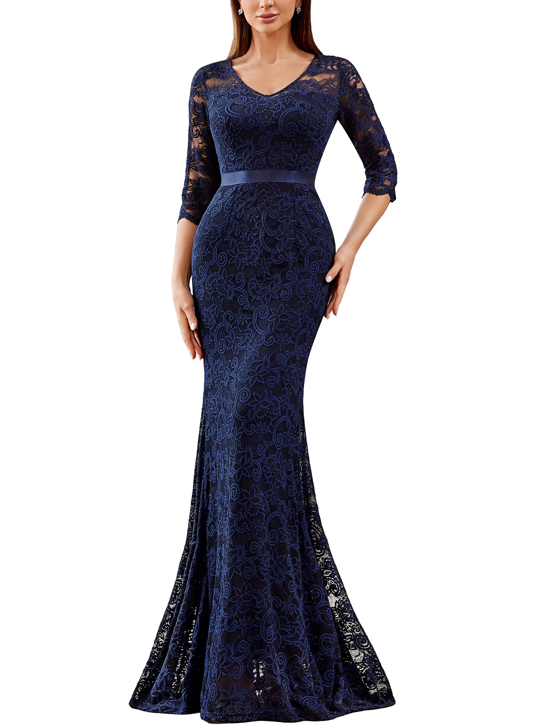 Photo 1 of Miusol Women's Elegant V Neck Floral Lace Formal Evening Party Maxi Dress (X-Large, Navy Blue)