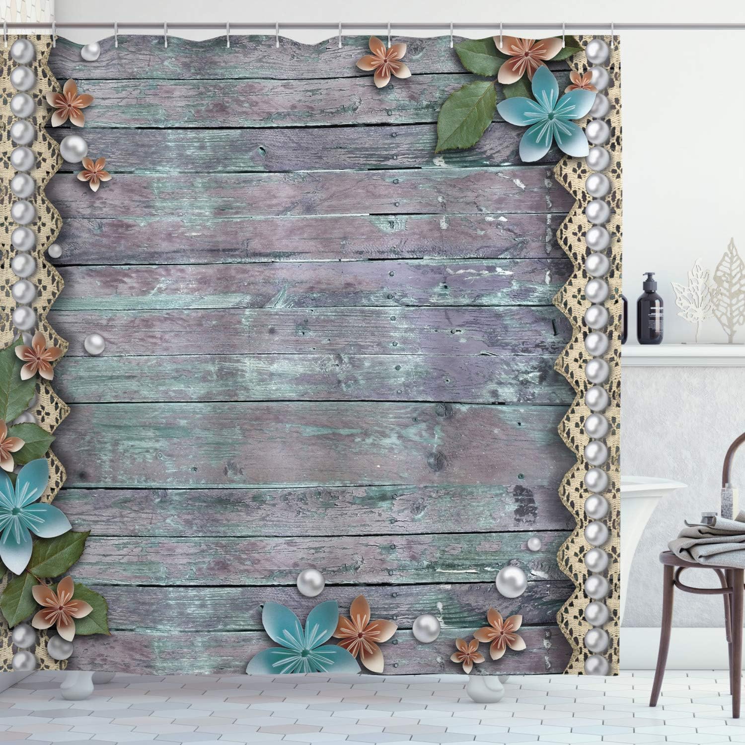 Amazon Com Ambesonne Pearls Shower Curtain Floral Rustic Designed Pearls And Lace Like Design Flowers Wooden Background Print Cloth Fabric Bathroom Decor Set With Hooks 84 Long Extra Brown Blue Home Kitchen