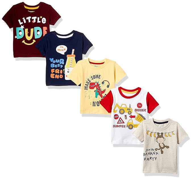 Baby Boys Plain Regular Fit T-Shirt (Pack of 5)(Colors & Print May Vary)