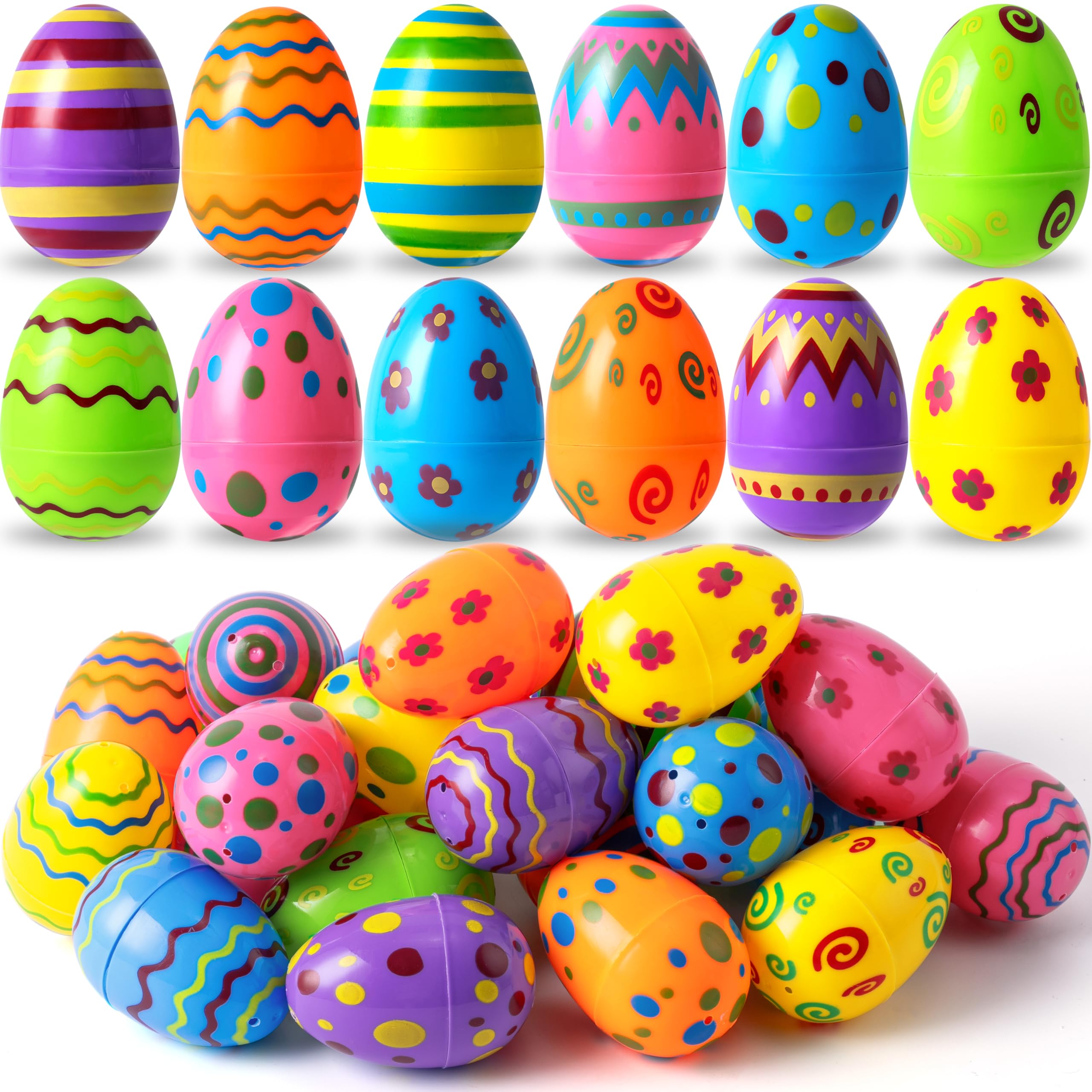 Photo 1 of JOYIN Toy 24 PCs Plastic Printed Bright Easter Eggs, Over 3.15'' Tall Fillable Empty Eggs Bulks for Easter Hunt, Basket Stuffers Fillers, Classroom Prize Supplies, Filling Treats and Party Favor