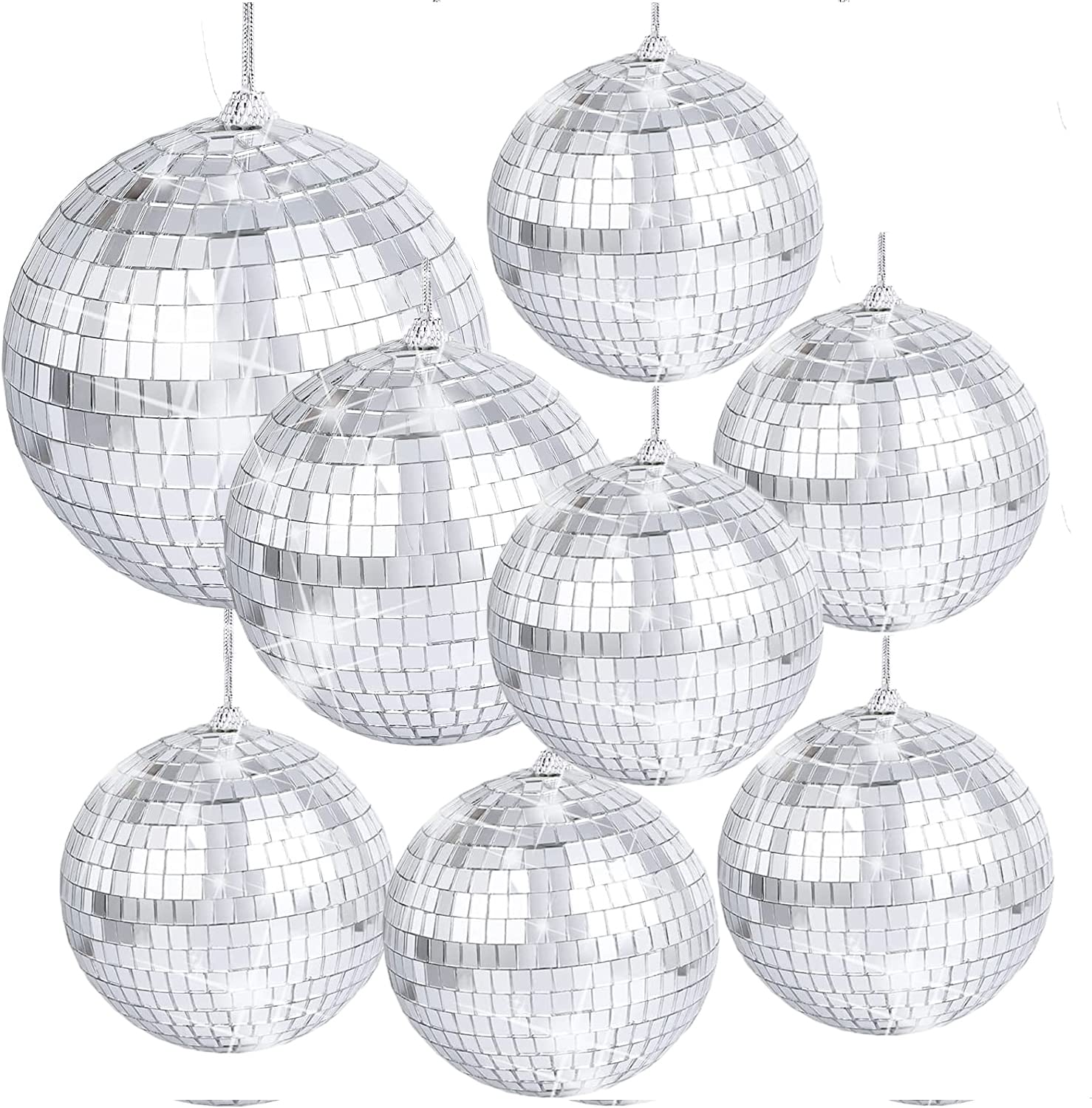 8 Pieces Mirror Disco Balls Silver Hanging Mirrors Ball 6/10/15cm 70s 80s Party Decoration DJ Light Effect Stage Props Glitter Ball for Retro Fun Parties Home Bands Decorations