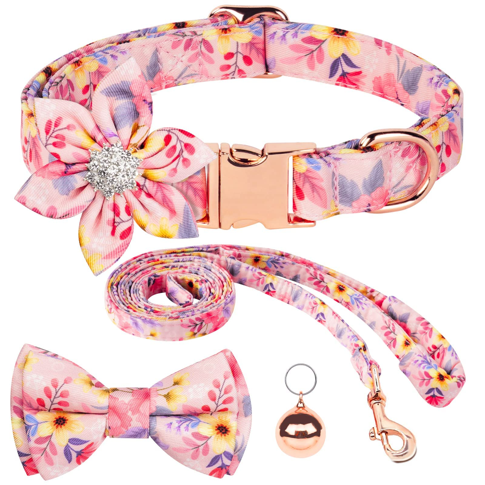 AUAUY Dog Collar and Leash Set, Release Adjustable and Comfortable Collar, Flower Girl Floral Pattern Engraved Pet Collars with Beautiful Bowtie and Little Bell for Small Medium Large Dogs(Pink L)