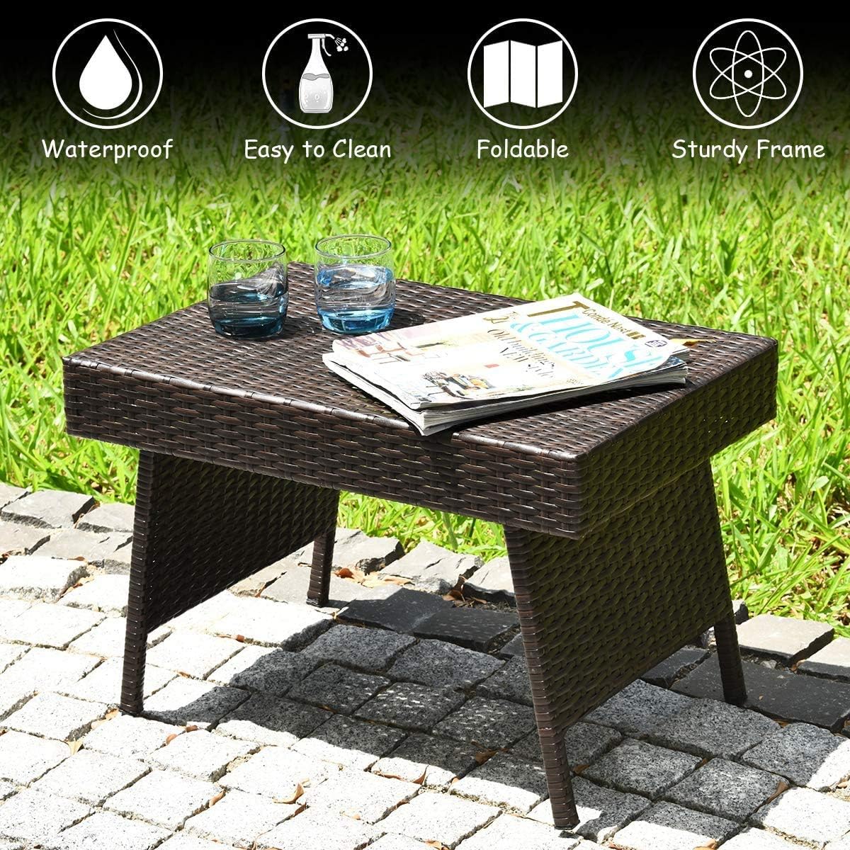 GOFLAME Wicker Table Patio Outdoor Poolside Garden Lawn Bistro Foldable Portable Leisure Standing Coffee Side Table, Espresso Brown: Kitchen & Dining