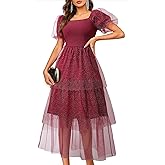 Youtalia Women's Smocked Tulle Midi Dress Tiered Shimmer Square Neck Puffy Sleeve Wedding Evening Party Dresses
