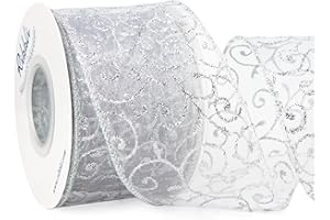 Ribbli Swirl Glitter Wired Ribbon, White Organza Sheer with Sliver Glitter Swirl Pattern and Iridescent Metallic Edge,2-1/2Inch x 10Yards Christmas Ribbon for Tree Decoration