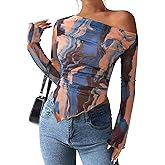 PRETTYGARDEN Womens Fall Trendy Off Shoulder Y2k Tops 2026 Tie Dye Mesh Long Sleeve Shirts Asymmetrical Ruched Floral Blouse