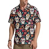 QAUN Dia De Los Muertos Shirts for Men Day of Dead Tees Skeleton Button Down Tshirt Halloween Skull Short Sleeve Tops