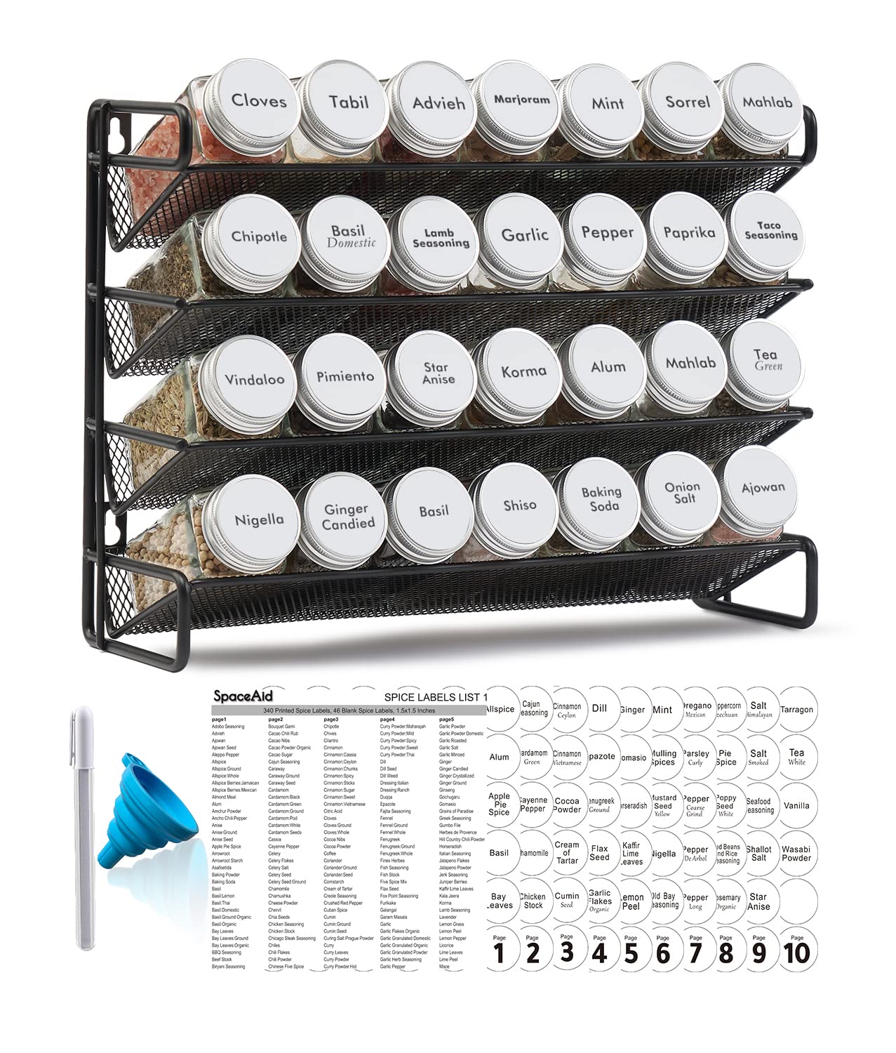 Photo 1 of SpaceAid Spice Rack Organizer with 28 Spice Jars, 386 Spice Labels, Chalk Marker and Funnel Set for Cabinet, Countertop, Pantry, Cupboard or Door & Wall Mount - 28 Jars, 13.4" W × 10.8" H, White