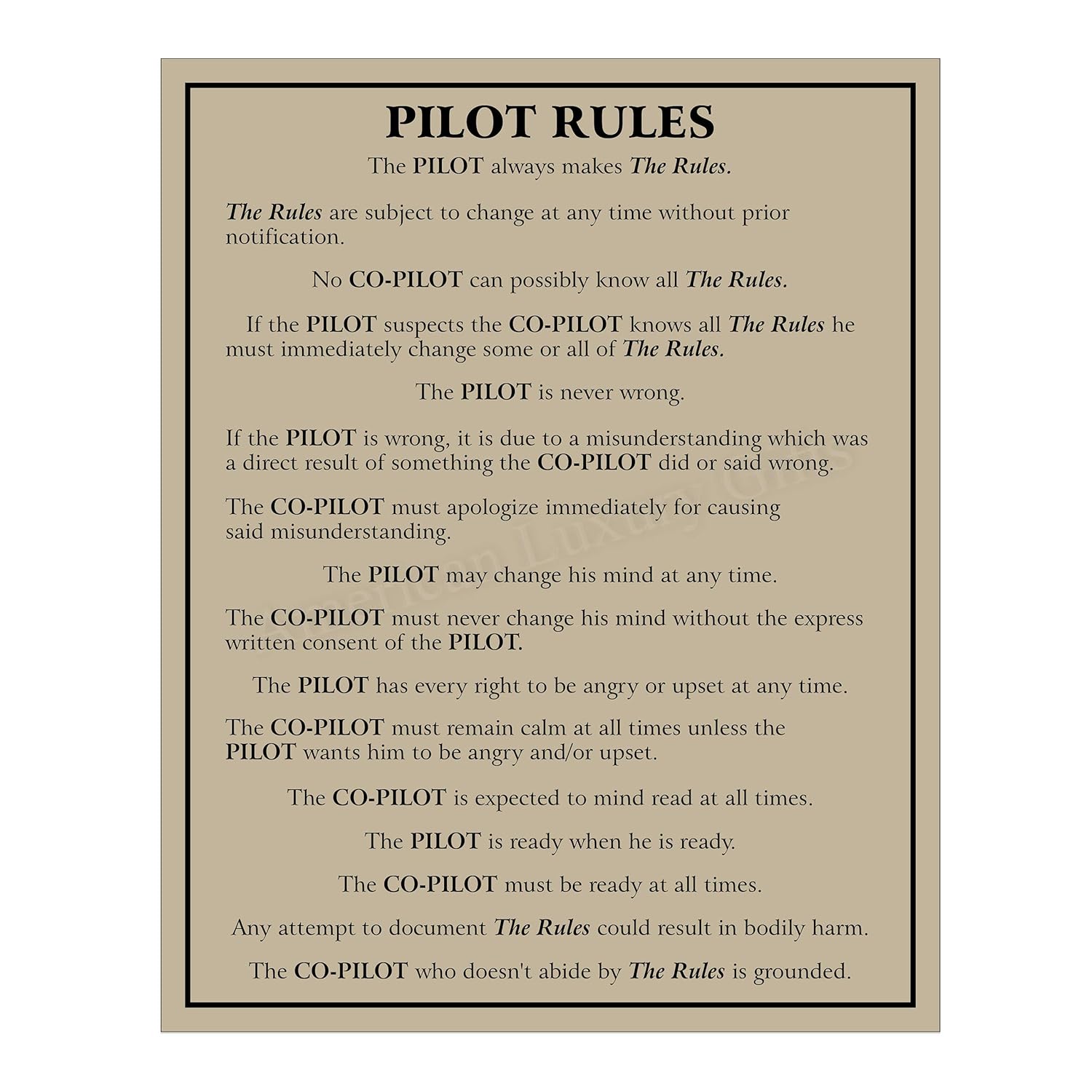 "Pilot RulesPilot Always Makes The Rules" Funny Wall Sign