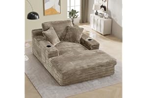 DAMAIFROM Oversized Chaise Lounge Chair Indoor with Cup Holders & Side Pocket, 50"W x 76"D Plush Corduroy Boneless Chair with 2-Layer Sponge & Deep High Seat Comfy Reading Chair for Studyroom - Camel