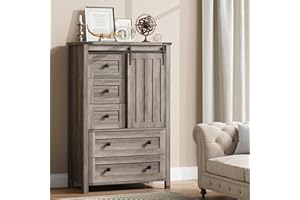 48 Inch Tall Farmhouse Dresser, 5 Drawer Wood Chest of Drawers with Sliding Barn Door and Adjustable Shelf, Vertical Storage 