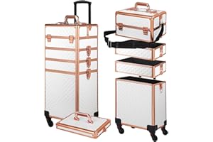 Somduy Rolling Makeup Case, Makeup Train Case with Lid, 5 in 1 Cosmetology Case on Wheels, Christmas Gift, Large Makeup Organizers, Profesional Cosmetic Case for Salon Barber, White Gold