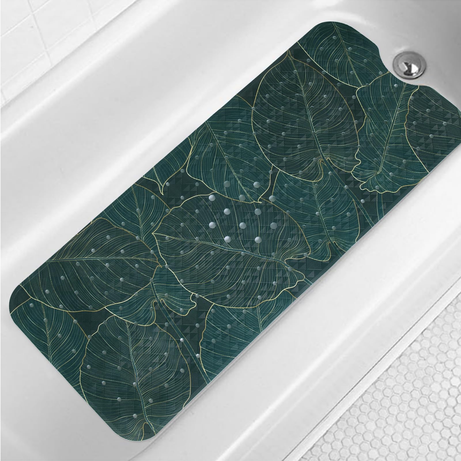 Palm Leaves Bathtub Mat Non Slip 40x16in Palm Leaves Extra Long Bath Mat for Tub Bohemian Abstract Art Anti Slip Shower Mat for Bathroom with Large Drain Holes and Suction Cups Quality Bath Mats Decor