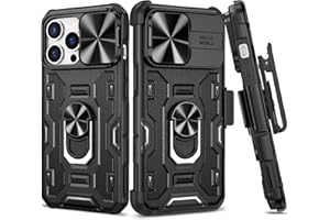 VEGO Case for iPhone 14 ProMax 5G, Slide Camera Cover & Belt Clip Holster & Magnetic 360°Ring Kickstand Military Grade Heavy Duty Protection Cover for iPhone 14 Pro Max 6.7"- Black