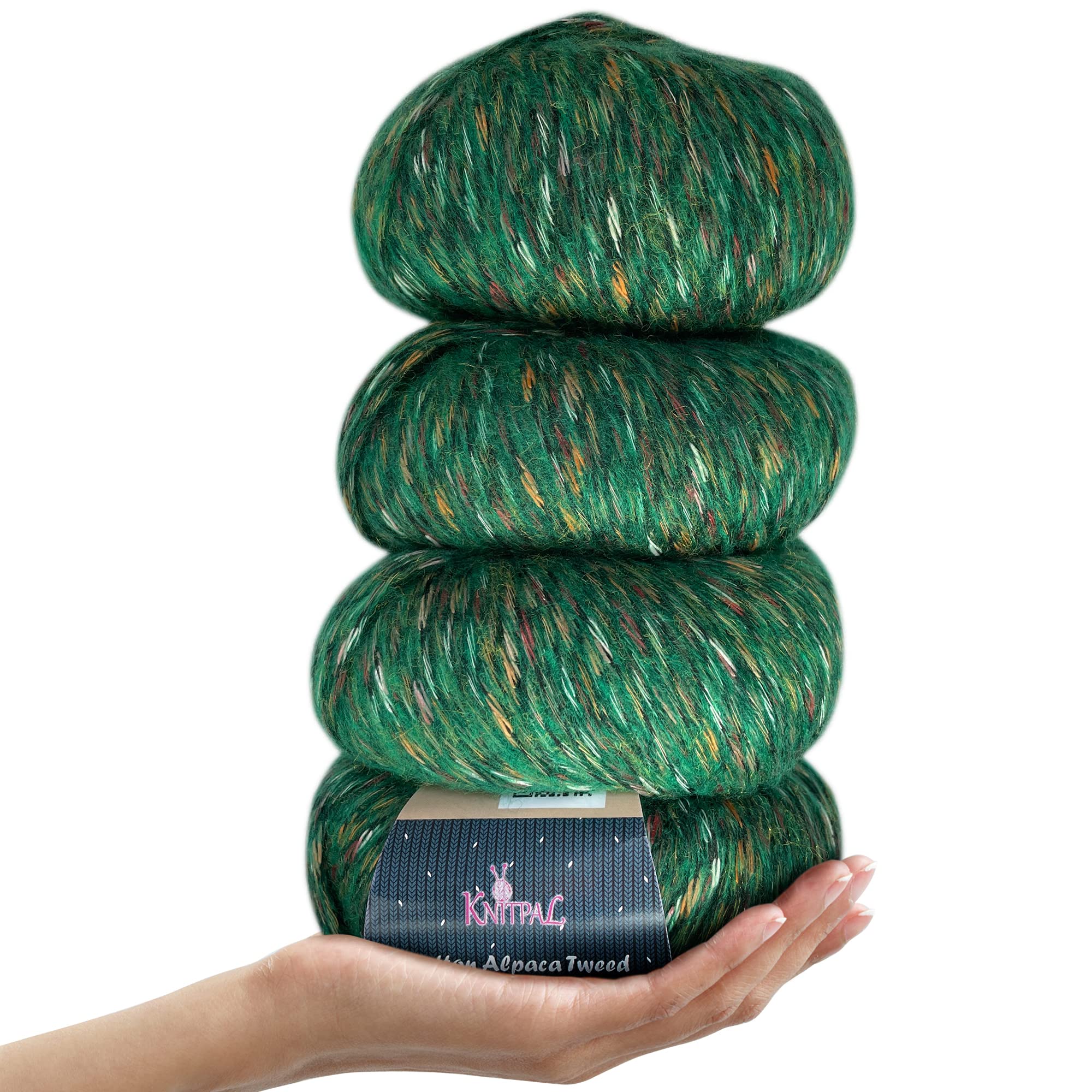 KnitPal Cotton Alpaca Tweed, #3 DK, Light Worsted Yarn Pack of 4 (536m/200g), Super Soft Fluffy Multicolour Blend for Knitting and Crocheting Hats, Shawls, Garments, Blankets (Emerald Green)