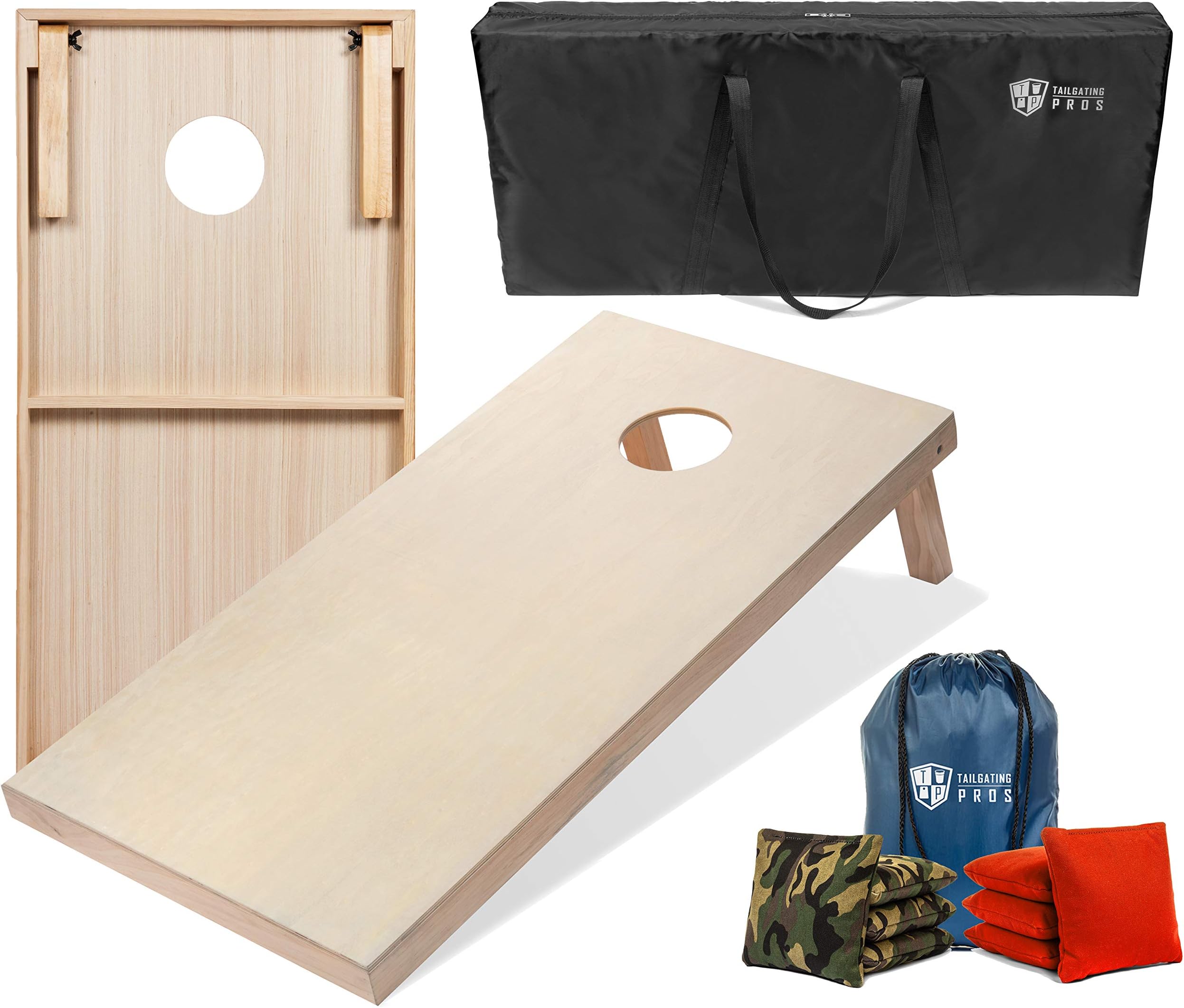 Tailgating Pros Cornhole Boards - 4'x2' & 3'x2' Cornhole Game w/Carrying Case & Set of 8 Corn Hole Bags - 150+ Color Combos! Optional LED Lights