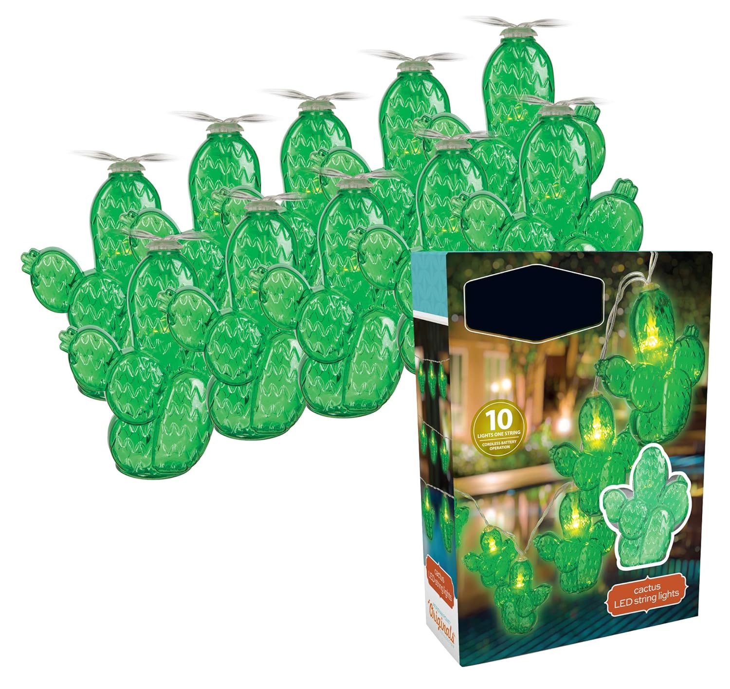 Ideas In Life LED Cactus Battery Operated String Lights - 10 pcs Set Cacti Shaped String Hanging Light Decorations - Indoor Outdoor Lighting for Home Bedroom Deck Garden