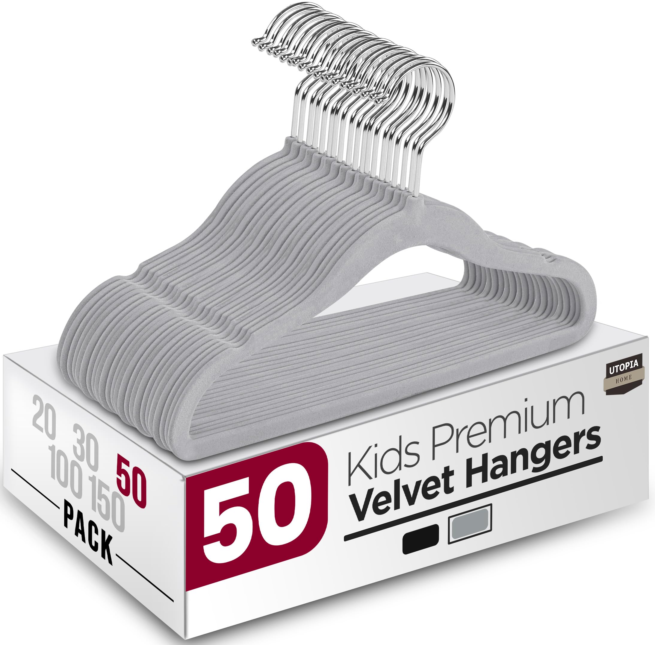 Utopia Home Velvet Kids Hangers for Clothes (Pack of 50) - Non-Slip and Sturdy Baby and Children’s Hangers - Space Saving (Grey)