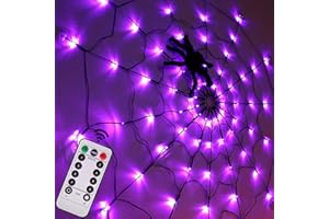 LCHUANG Halloween Decorations Spider Web Lights - 4FT Diameter 70 LEDs with Black Spider, Waterproof Net Lights, Remote Control, 8 Modes Cobweb Halloween Decorations for House Garden Indoor Outdoor (Purple)