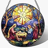 LAOWEIKI 8'' Nativity Stained Glass Suncatcher, Window Hanging Decor, Religious Christmas Ornament, Christian Holiday Decor, Christian Gifts, Religious Gifts, Gift for Christmas