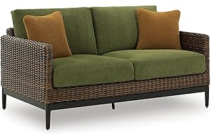 Signature Design by Ashley Horizon Hall Vintage Outdoor Nuvella Weather Resistant Fabric, Resin Wicker Loveseat with Cushion and 2 Accent Pillows, Green & Dark Brown