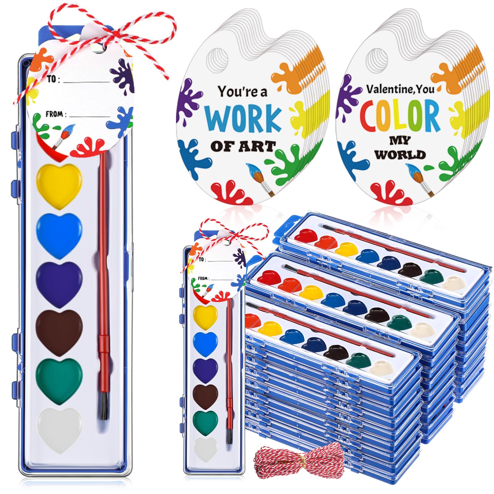 Photo 1 of **MISSING SOME PAINTING COLORS** Sabary 30 Pack Watercolor Paint Set Bulk 8 Washable Water Color Paint with Card and Red Rope for Parties Birthday Party Favor Exchange Gift Prizes Graduation Present Art Supplies (Heart)