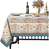 JIALE Table Cloth Rectangle Table, Cotton Linen French Designer Pattern Vintage Floral Table Cloth with Flowers and Leaves Farmhouse Table Cover for Kitchen Dining, Christmas, 60"x80"