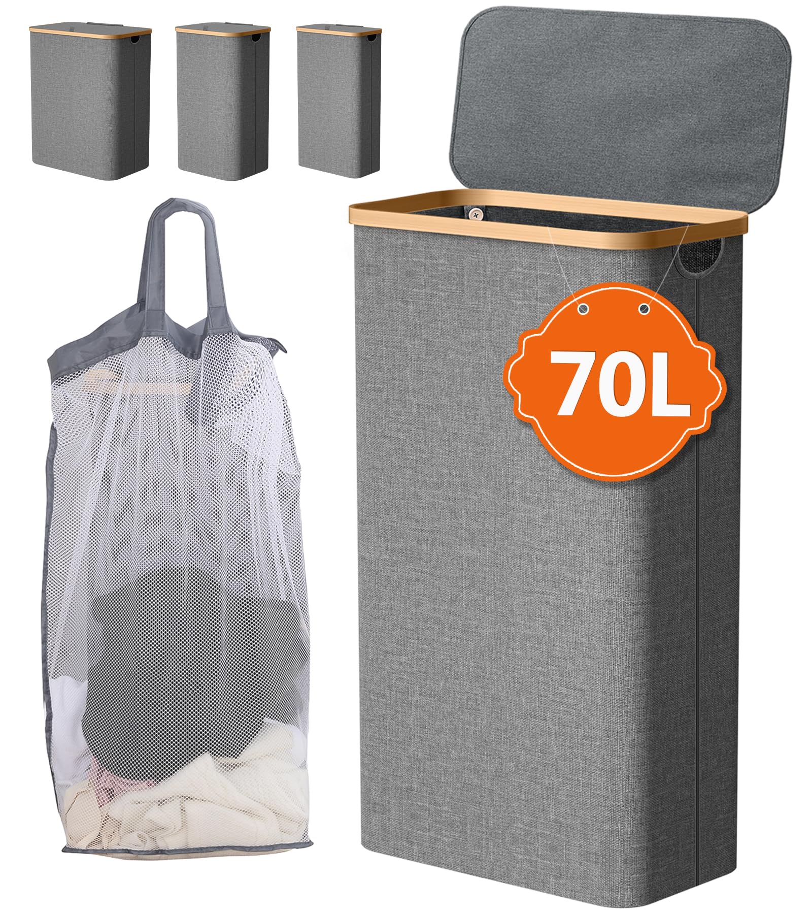 IHOMAGIC Slim Laundry Basket with Lid, 70L Laundry Hamper with Removable Bag, Foldable Washing Basket for Laundry, Grey Storage Basket for Toys and Yoga, Small Laundry Bin for Dorm, Bathroom, Grey