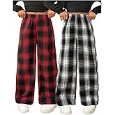 RoseSeek Girl's 2 Packs Plaid Pants Elastic High Waisted Wide Leg Pants Long Baggy Track Trousers